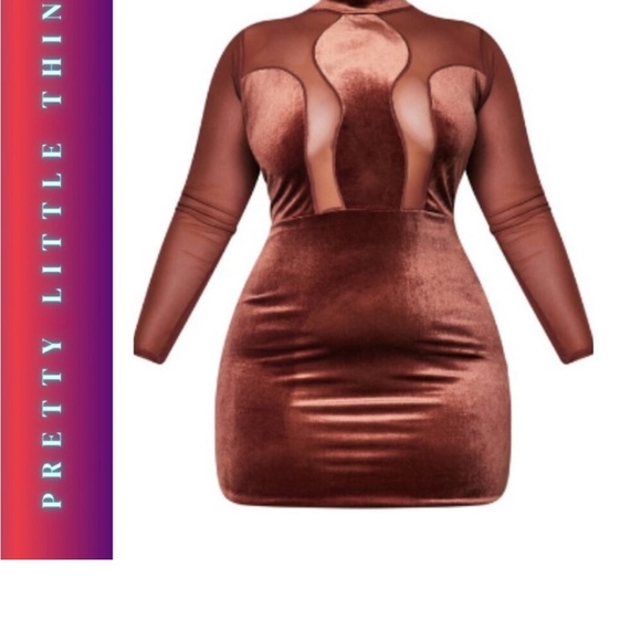 Pretty Little Thing Long Sleeve Mini Dress - Chocolate Velvet - UK Size 20 - Picture 3 of 3